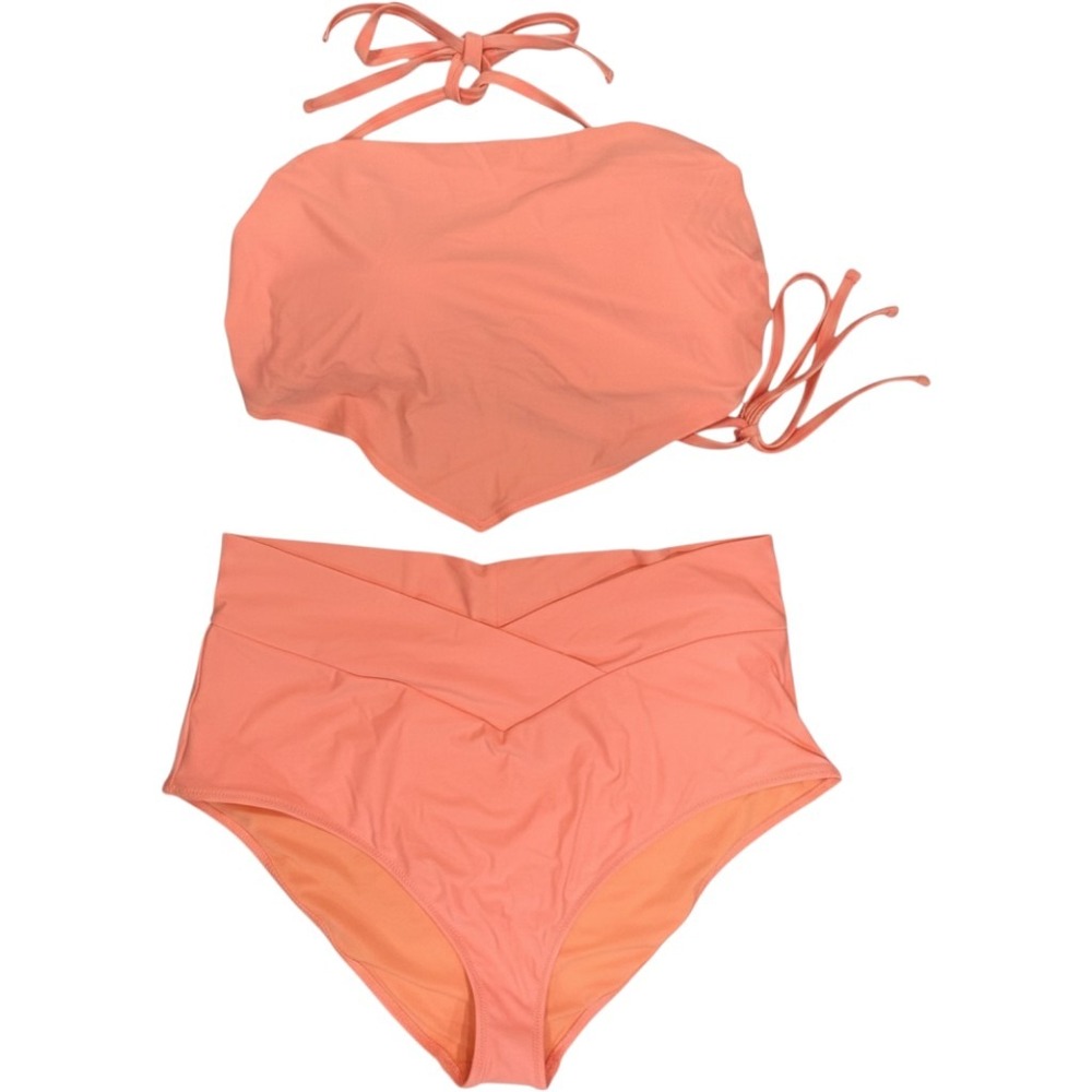 Aerie Neon Coral Crossover High Waisted Bikini Set Bandeau Tie Top XXL NWT